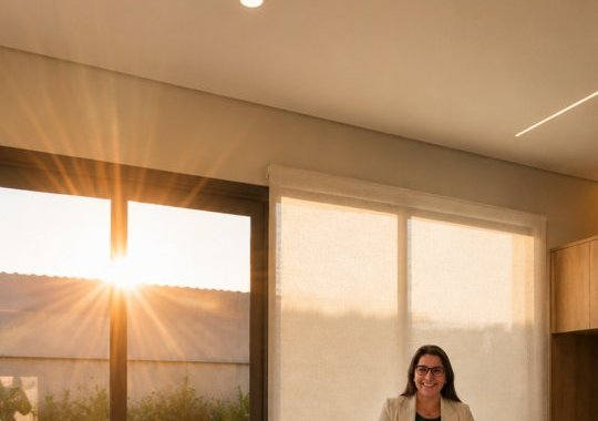 Ambiente integrado com luz de fim de tarde na Casa Barra do Saí